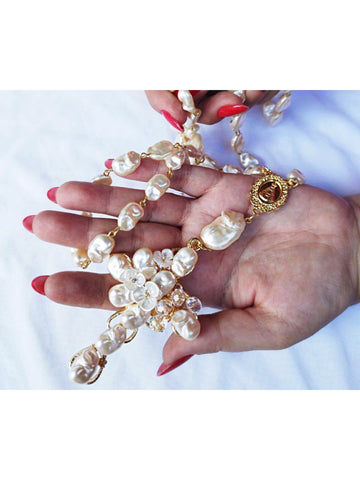 Terço Pérolas Orgânicas Dourado Noiva Buque Casamento